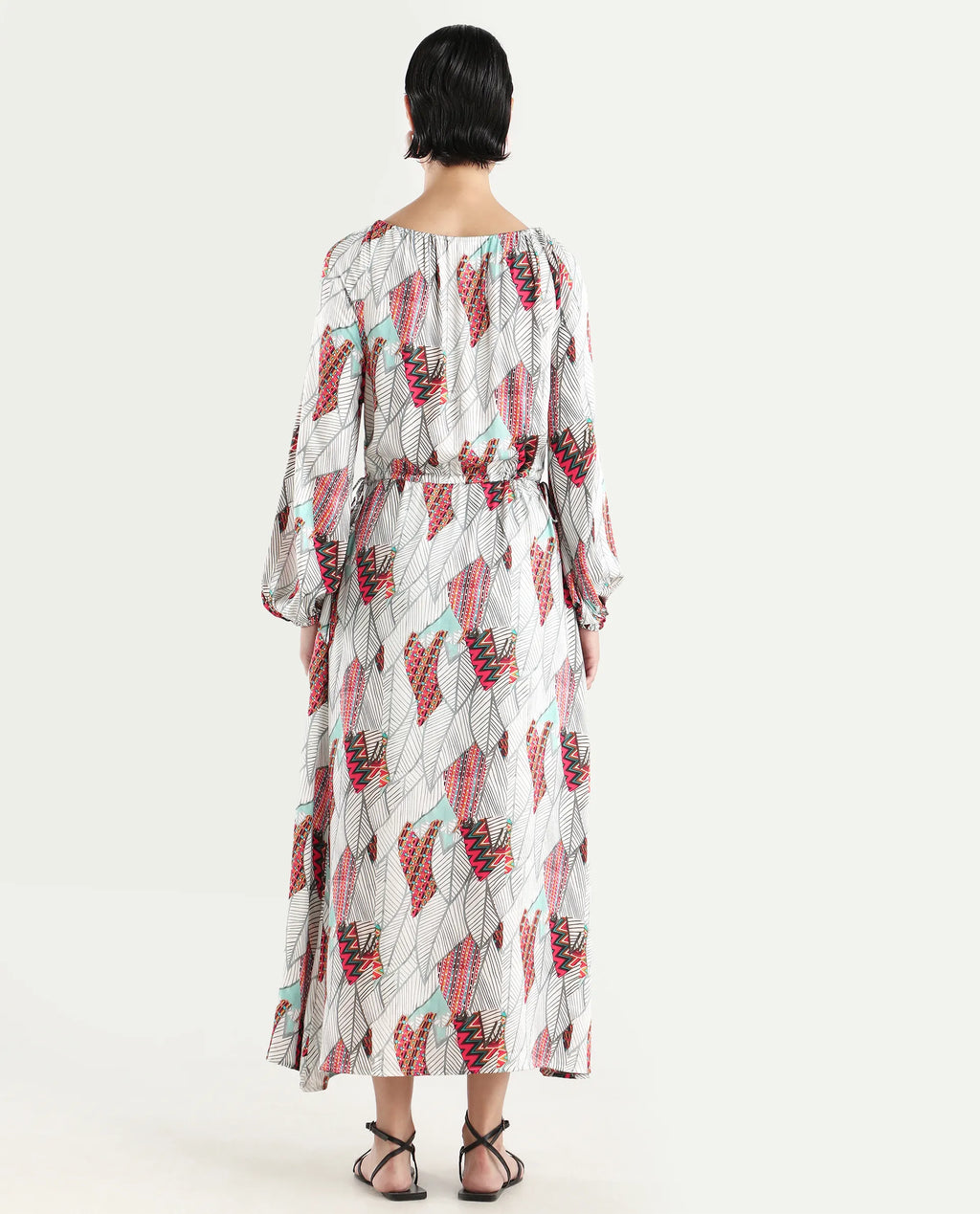 Rareism Women's Numan Multi Cotton Blend Tie-Up Neck Tropical Print Maxi Regular Fit Dress