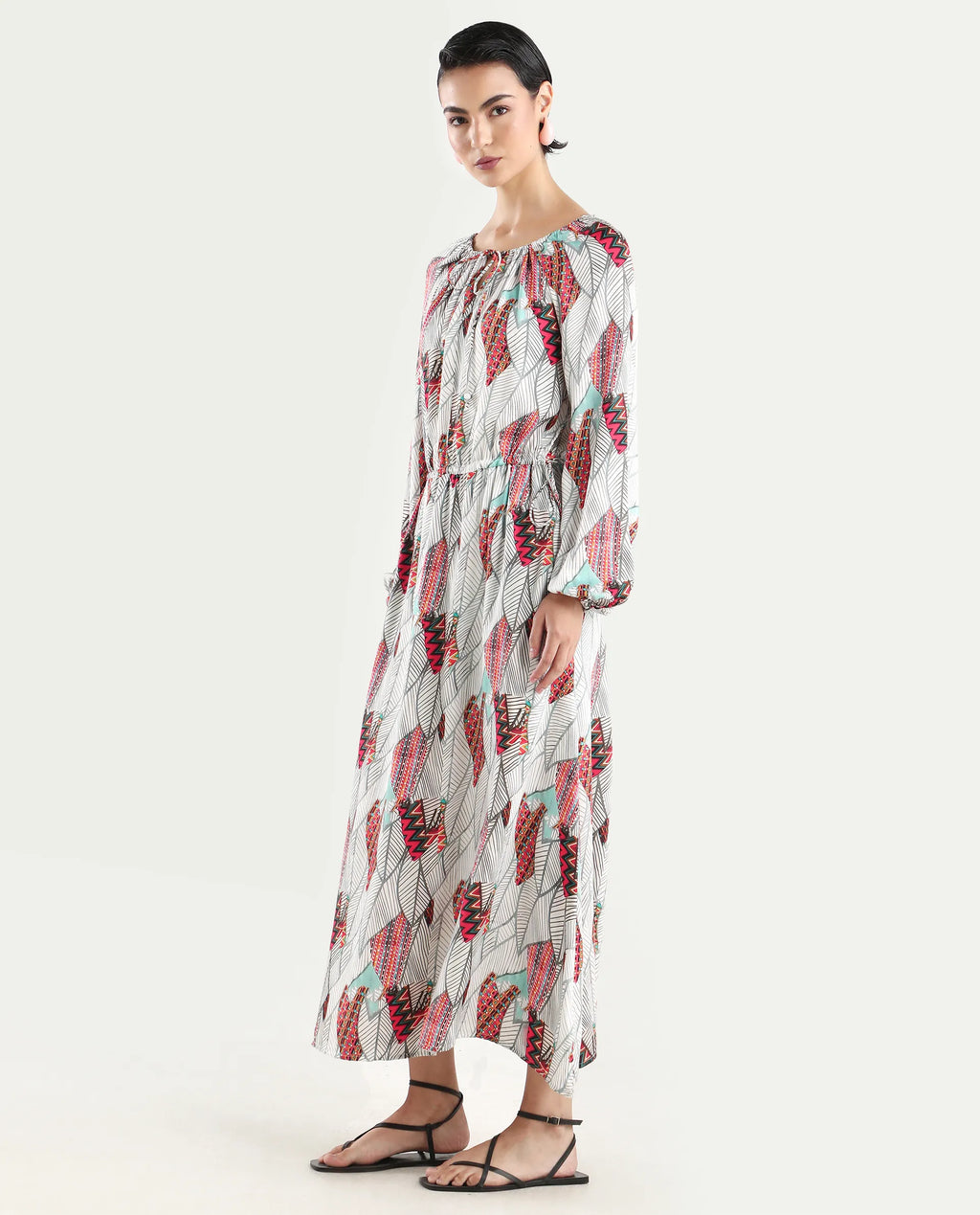 Rareism Women's Numan Multi Cotton Blend Tie-Up Neck Tropical Print Maxi Regular Fit Dress
