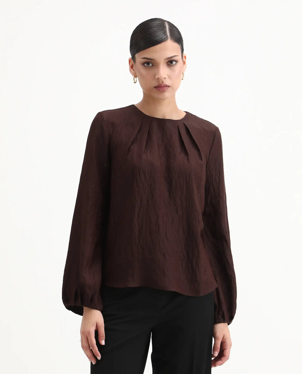 Rareism Women's Numi Dark Brown Viscose Blend Bishop Sleeve Round Neck Regular Fit Plain Top