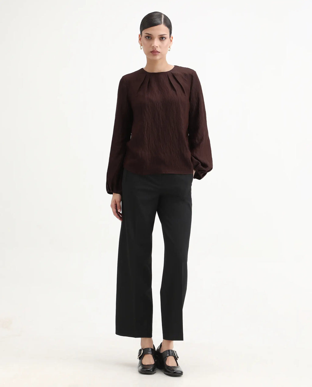 Rareism Women's Numi Dark Brown Viscose Blend Bishop Sleeve Round Neck Regular Fit Plain Top