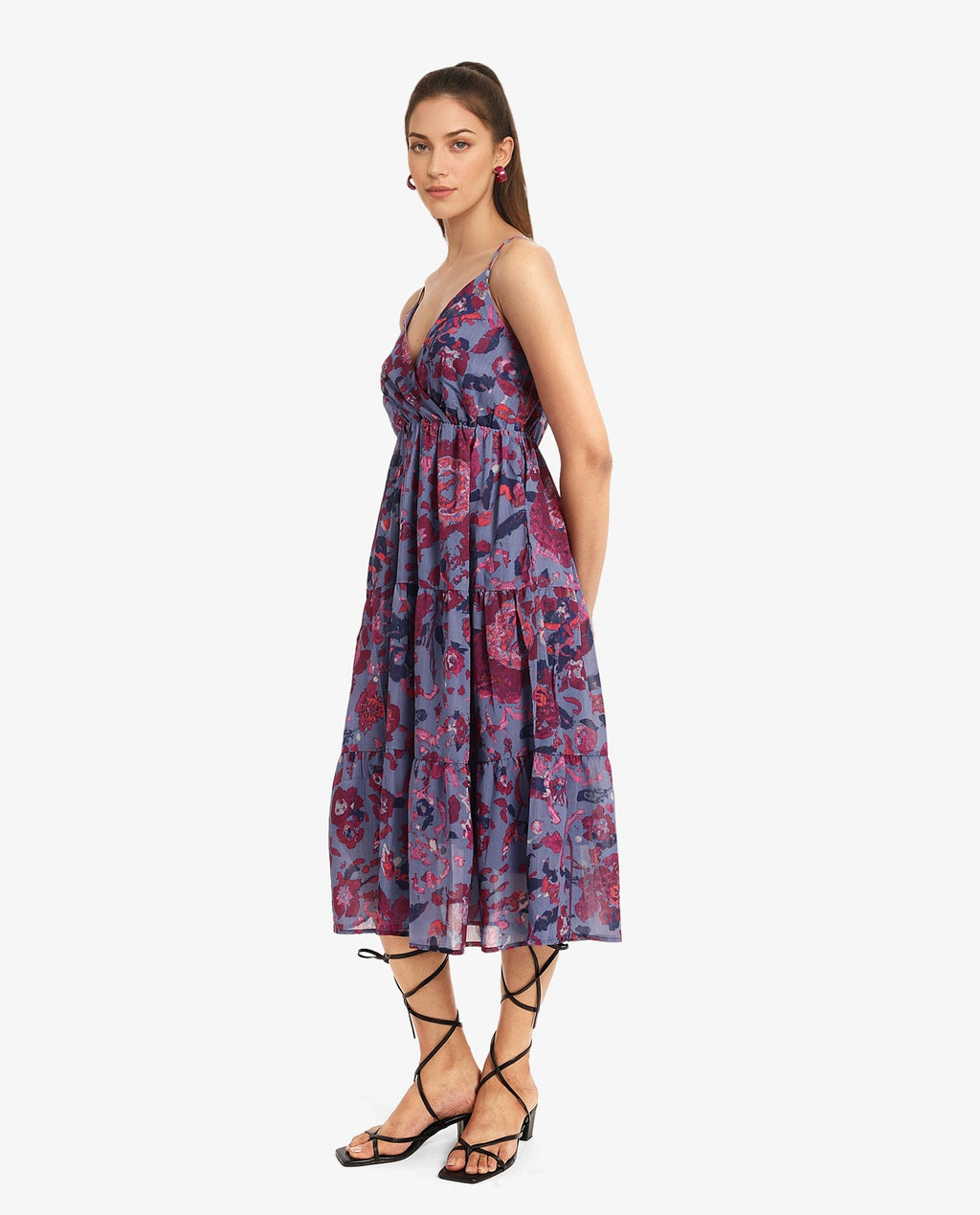 Rareism Women's Nuno Light Multi Polyester Shoulder Strap Floral Print Sleeveless Midi Fit And Flare Dress