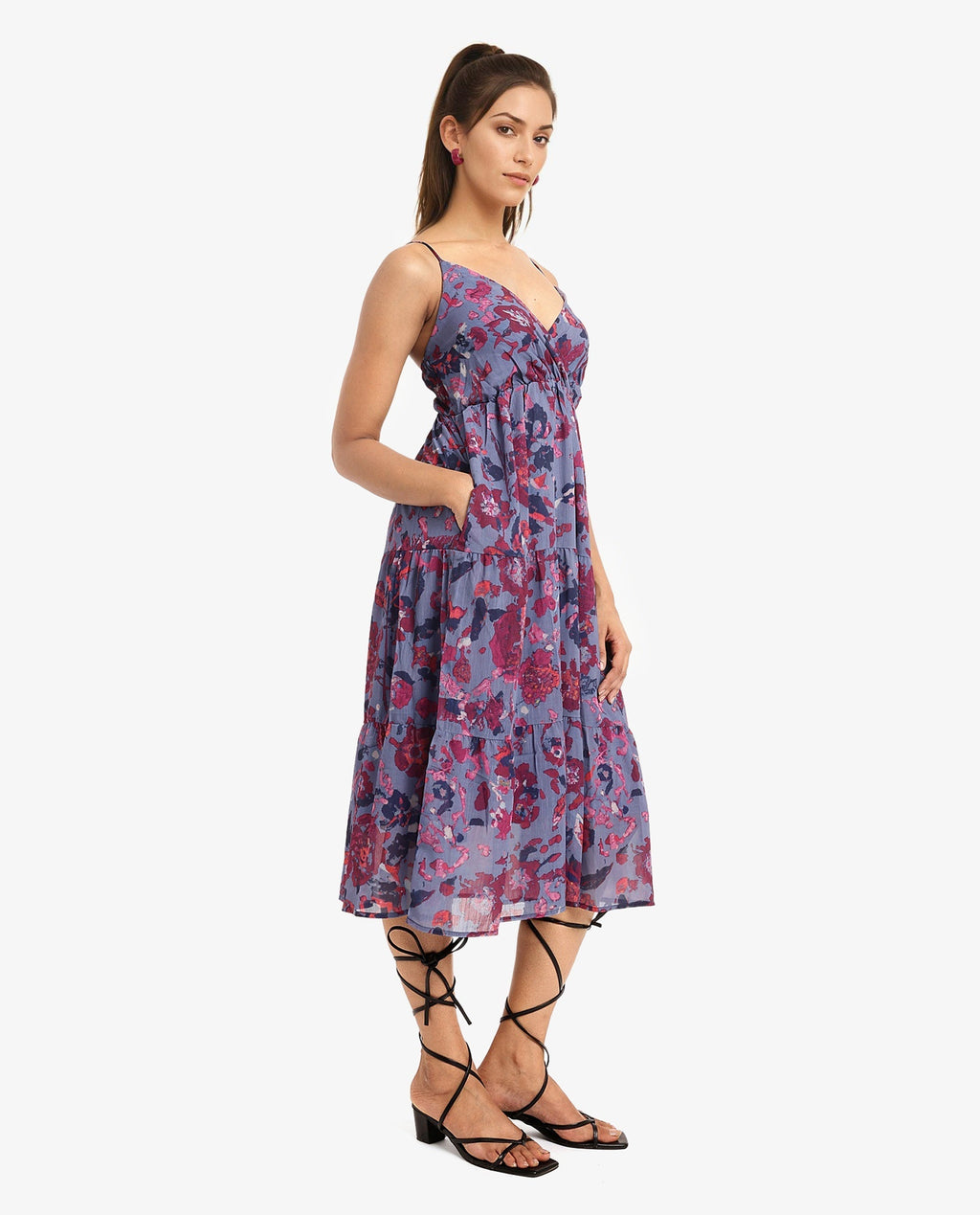 Rareism Women's Nuno Light Multi Polyester Shoulder Strap Floral Print Sleeveless Midi Fit And Flare Dress