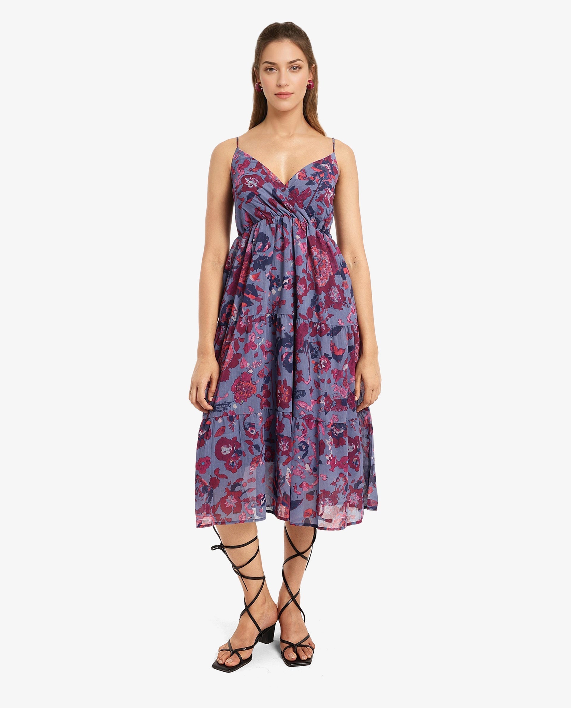 Rareism Women's Nuno Light Multi Polyester Shoulder Strap Floral Print Sleeveless Midi Fit And Flare Dress