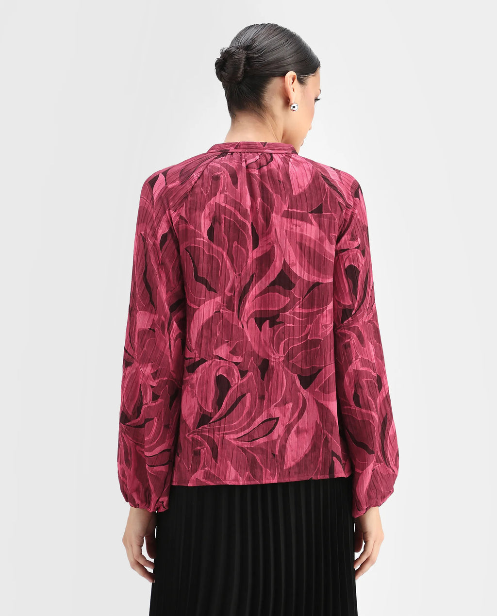 Rareism Women's Nupino Dark Pink Polyester Raglan Sleeves Tie-Up Neck Relaxed Fit Top