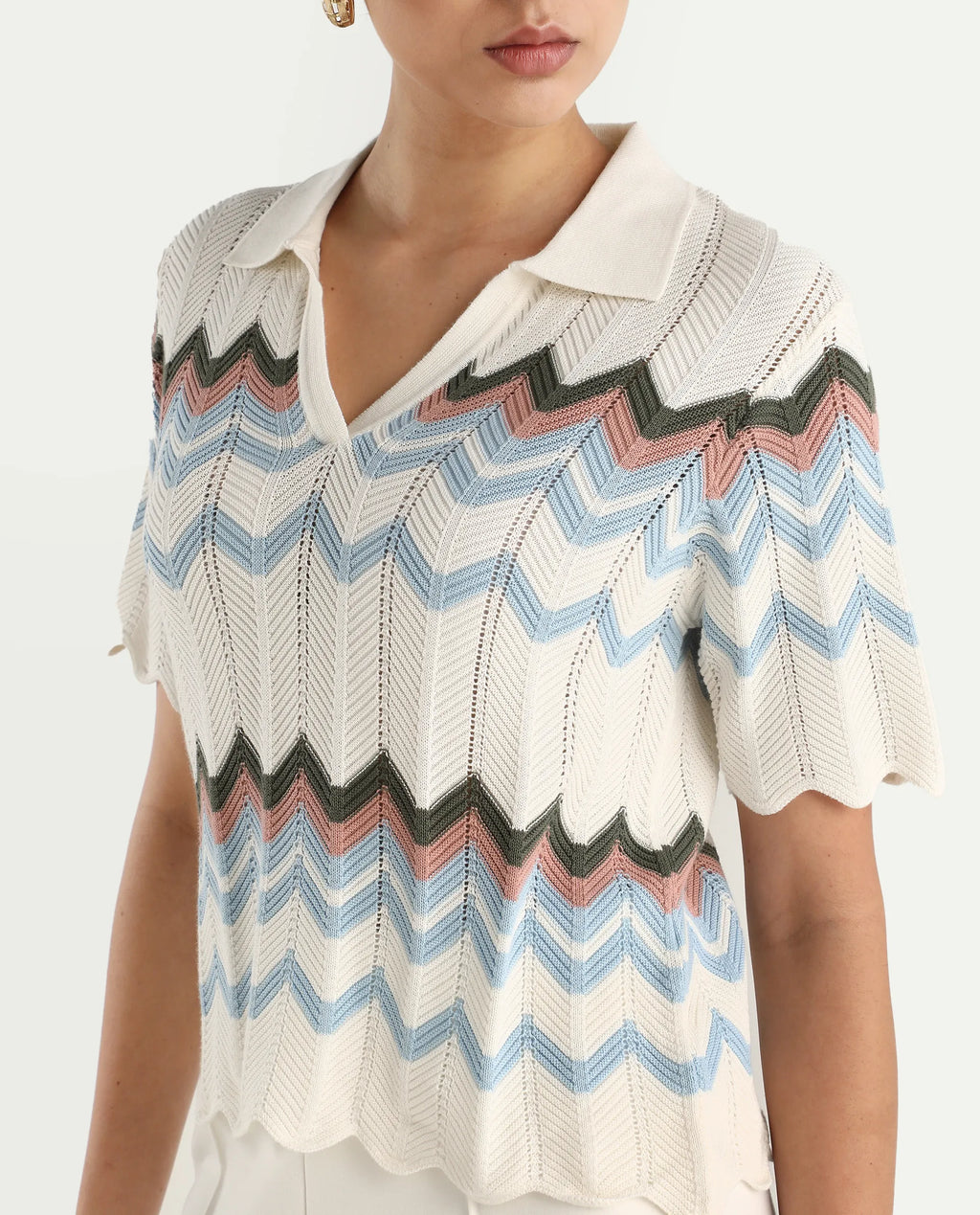 Rareism Women's Nuplo-R Light Blue Cotton Jonny Collar Regular Fit Geometric Print Top