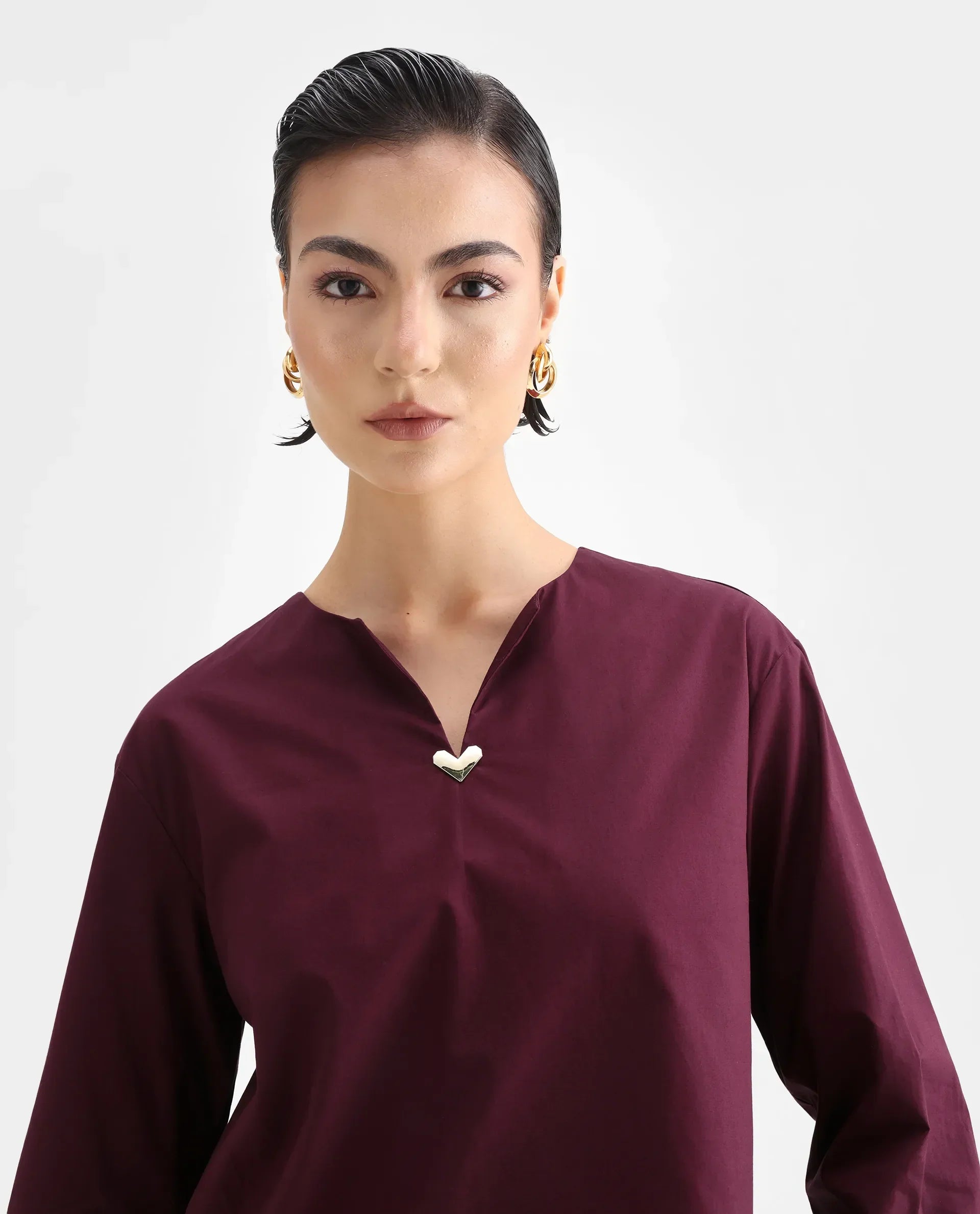 Rareism Women's Nura Maroon Cotton Cuffed Sleeve Collared Neck Regular Fit Top