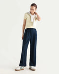 Rareism Women's Nuray Navy Cotton Plain Ankle Length Straight Fit Trouser