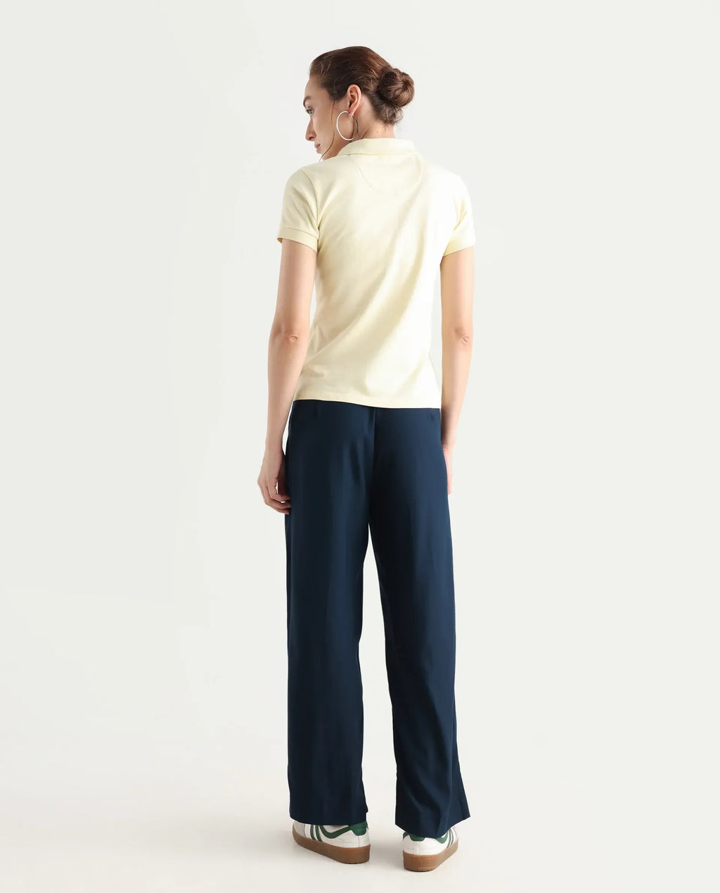 Rareism Women's Nuray Navy Cotton Plain Ankle Length Straight Fit Trouser