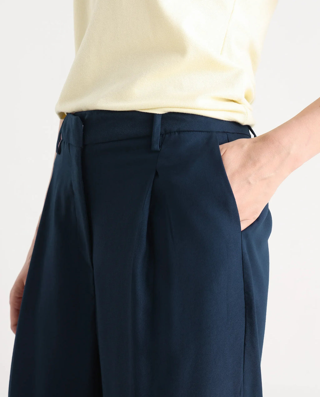 Rareism Women's Nuray Navy Cotton Plain Ankle Length Straight Fit Trouser
