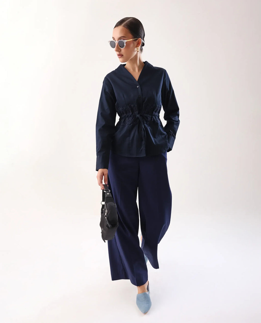 Rareism Women's Nurem Navy Cotton Cuffed Sleeve Built-Up Collar Regular Fit Plain Top