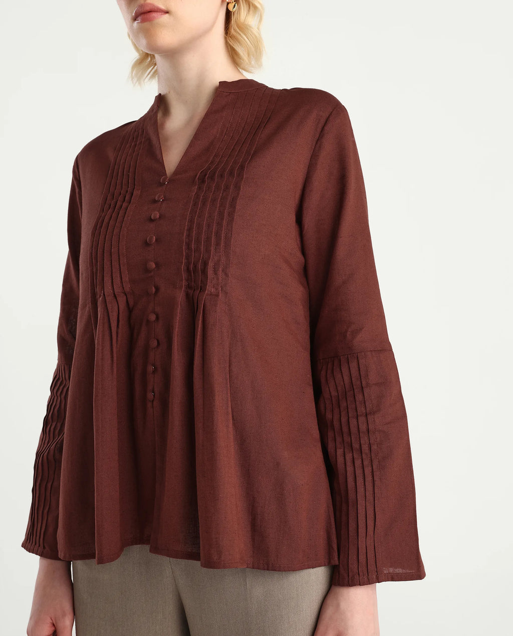 Rareism Women's Nuron Brown Cotton Blend Bell Sleeves Mandarin Collar Relaxed Fit Plain Top