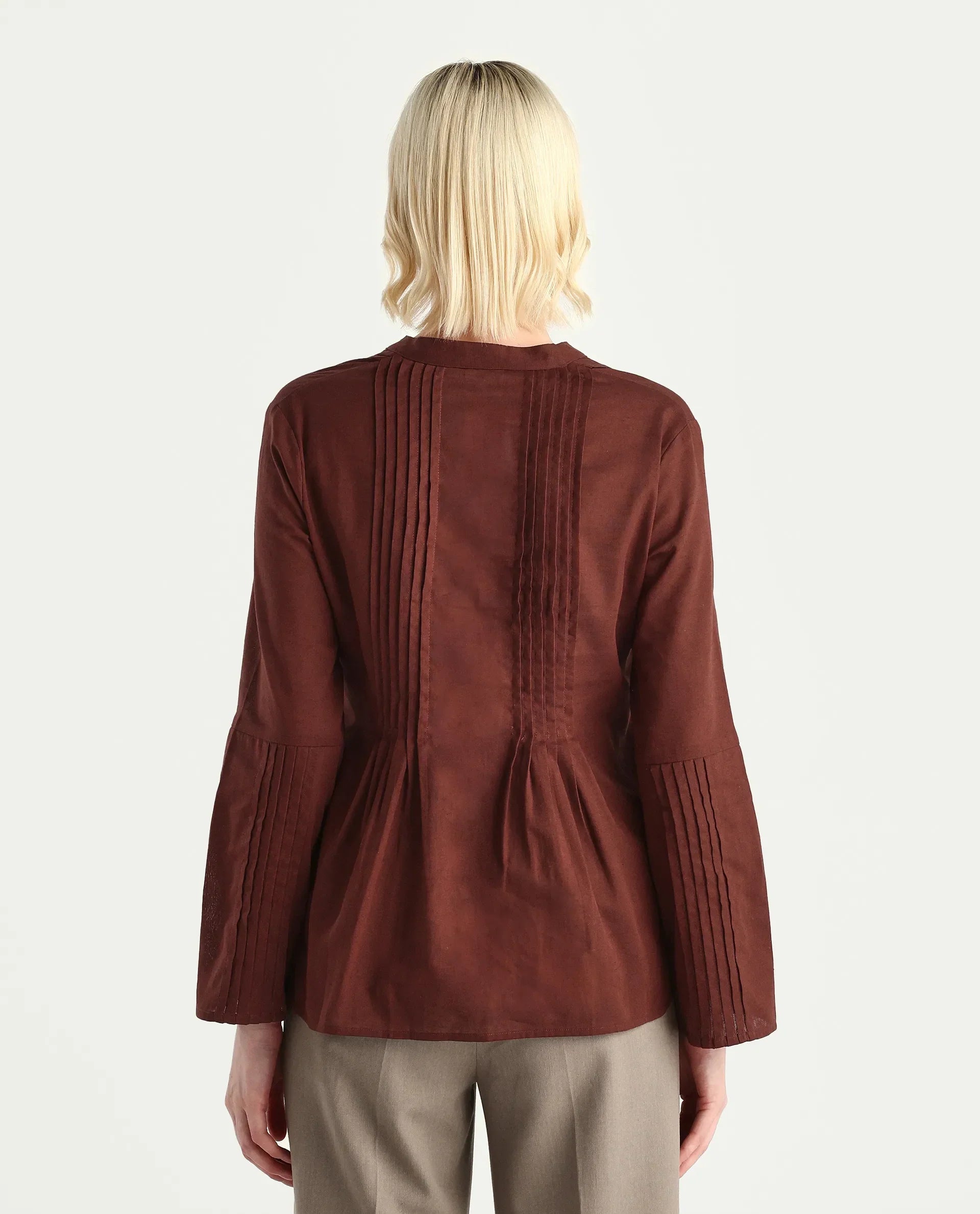 Rareism Women's Nuron Brown Cotton Blend Bell Sleeves Mandarin Collar Relaxed Fit Plain Top