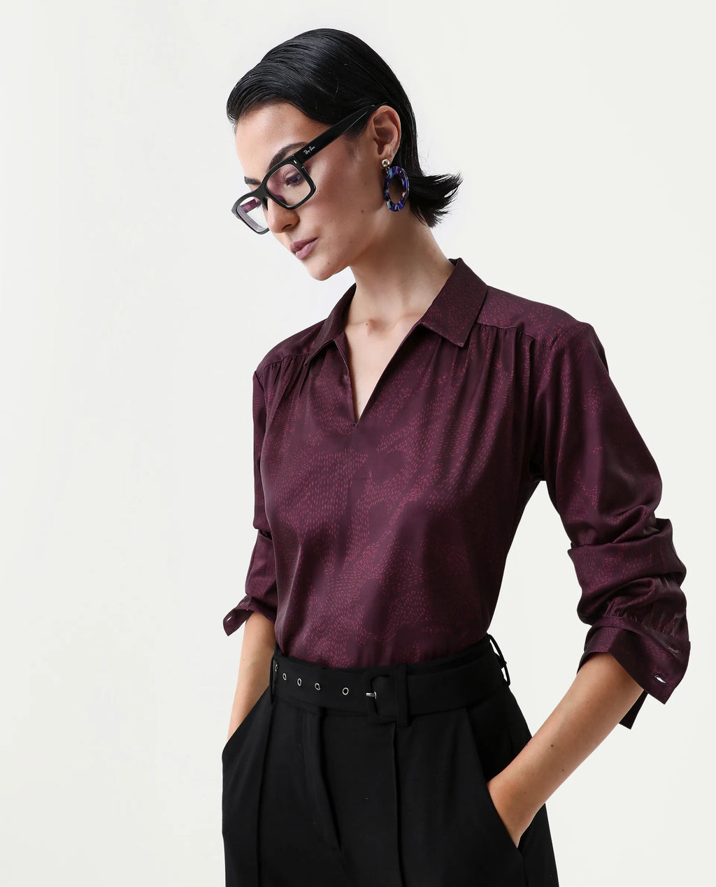 Rareism Women's Nusa Maroon Polyester Cuffed Sleeve Collared Neck Regular Fit Top