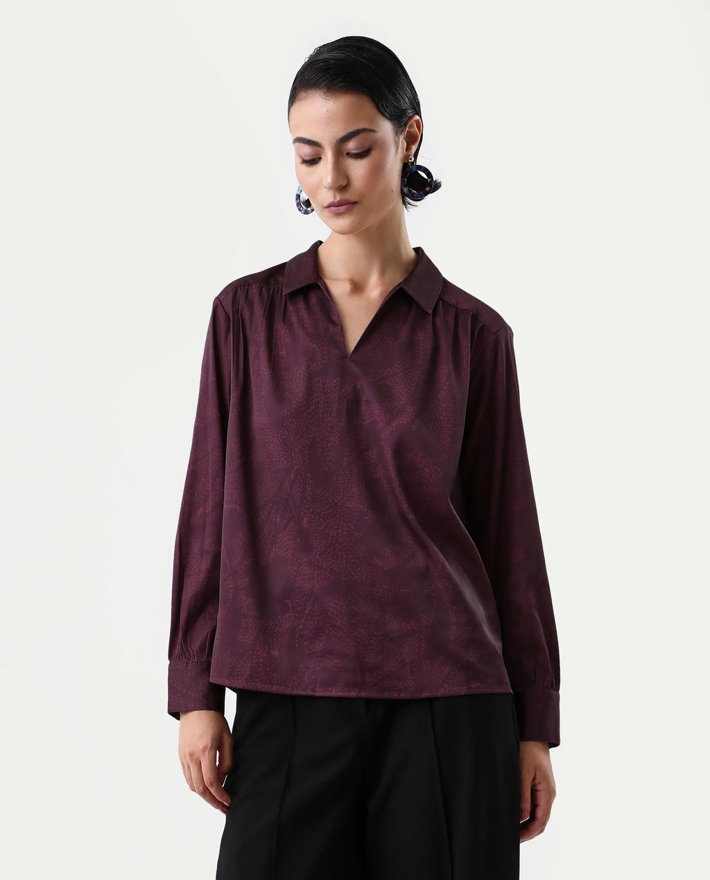 Rareism Women's Nusa Maroon Polyester Cuffed Sleeve Collared Neck Regular Fit Top