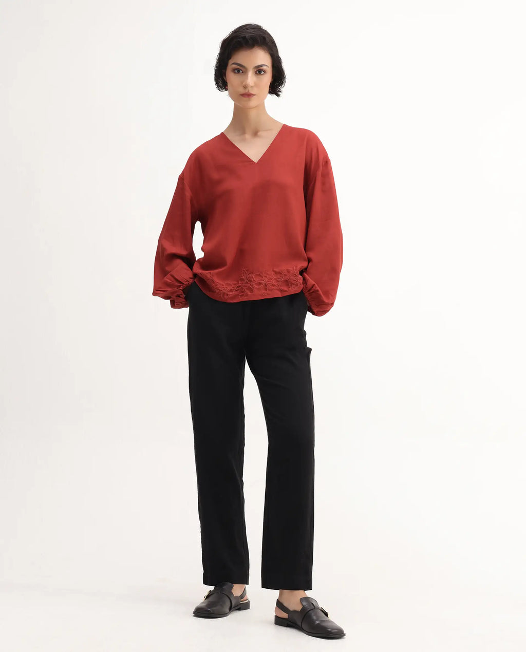 Rareism Women's Nuvix Rust Viscose Blend Bishop Sleeve V-Neck Regular Fit Plain Top