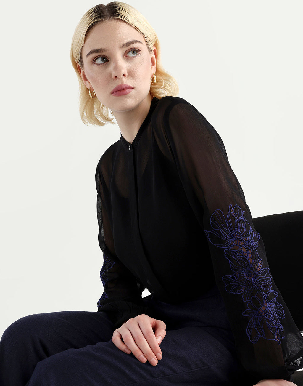Rareism Women's Nux Black Viscose Full Sleeve Mandarin Collar Regular Fit Top