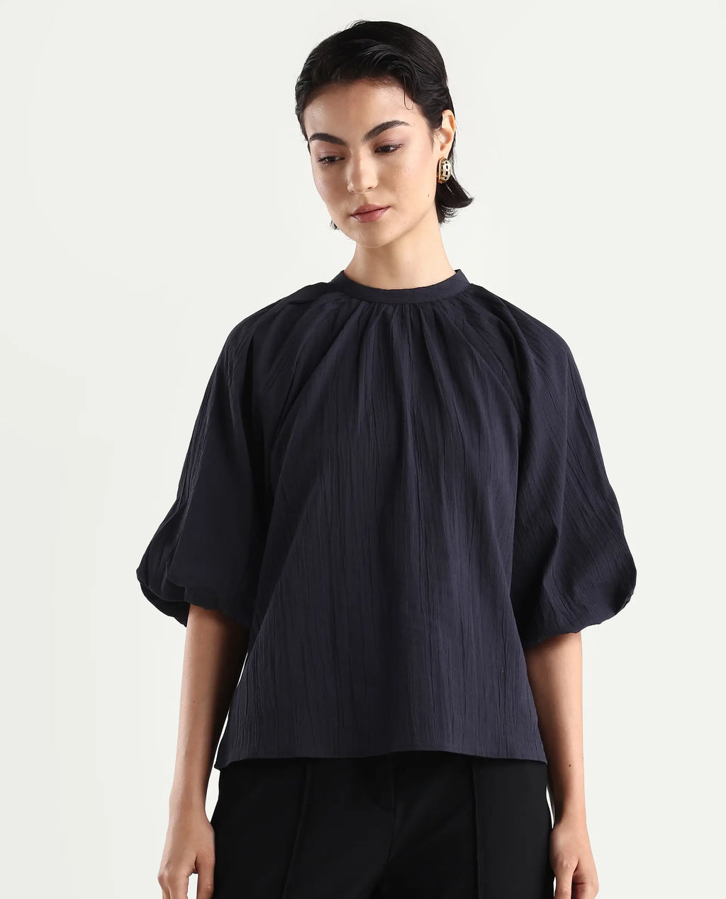 Rareism Women's Nuxo Black Nylon Blend Half Sleeve Mandarin Collar Relaxed Fit Top