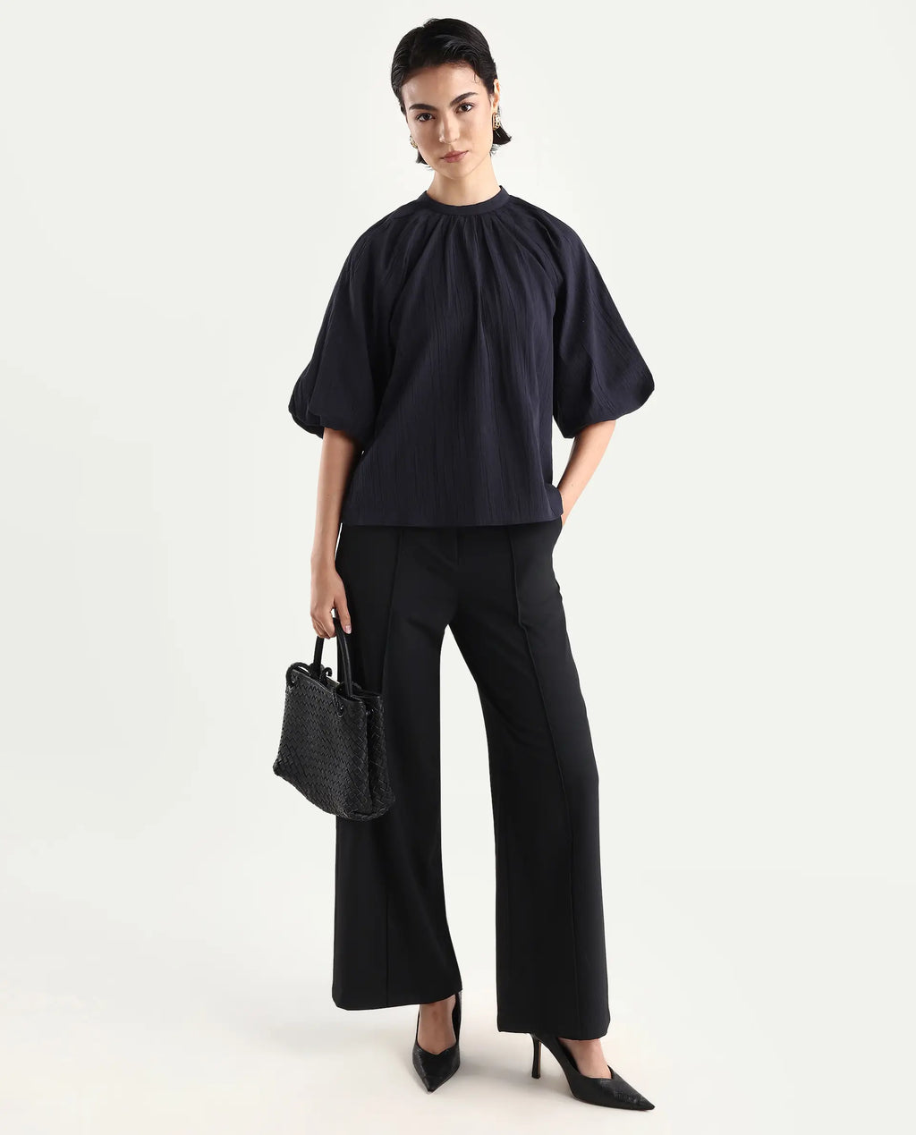 Rareism Women's Nuxo Black Nylon Blend Half Sleeve Mandarin Collar Relaxed Fit Top