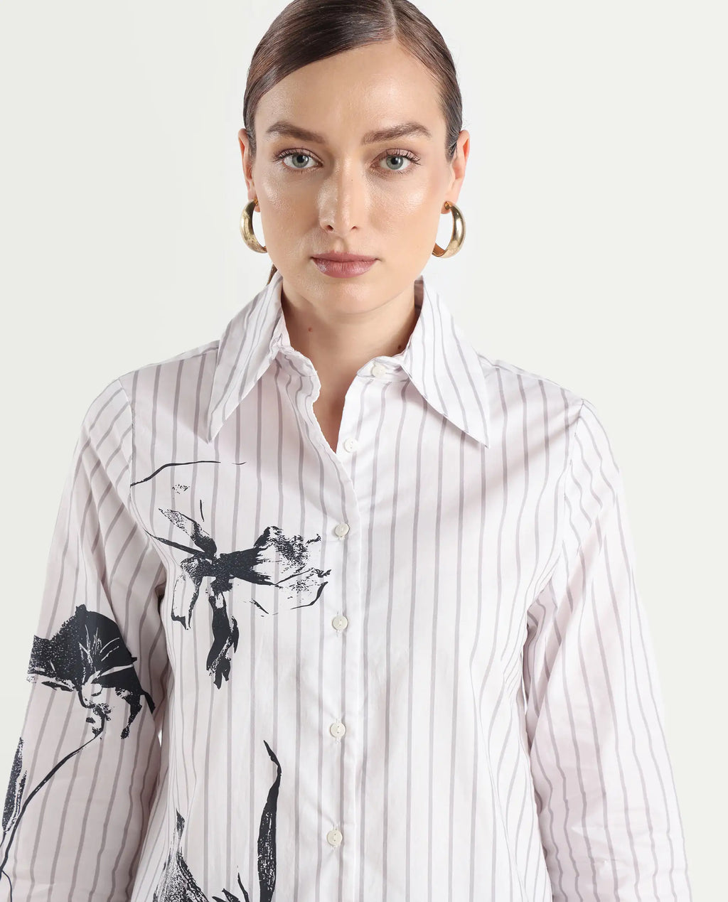 Rareism Women's Nzingat White Cotton Spread Collar Floral Print Cuffed Sleeve Regular Fit Shirt