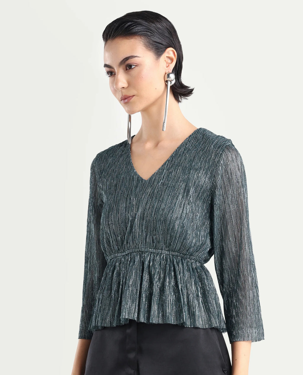 Rareism Women's Odim Metalic Silver Polyester V-Neck Shimmer Regular Fit Top