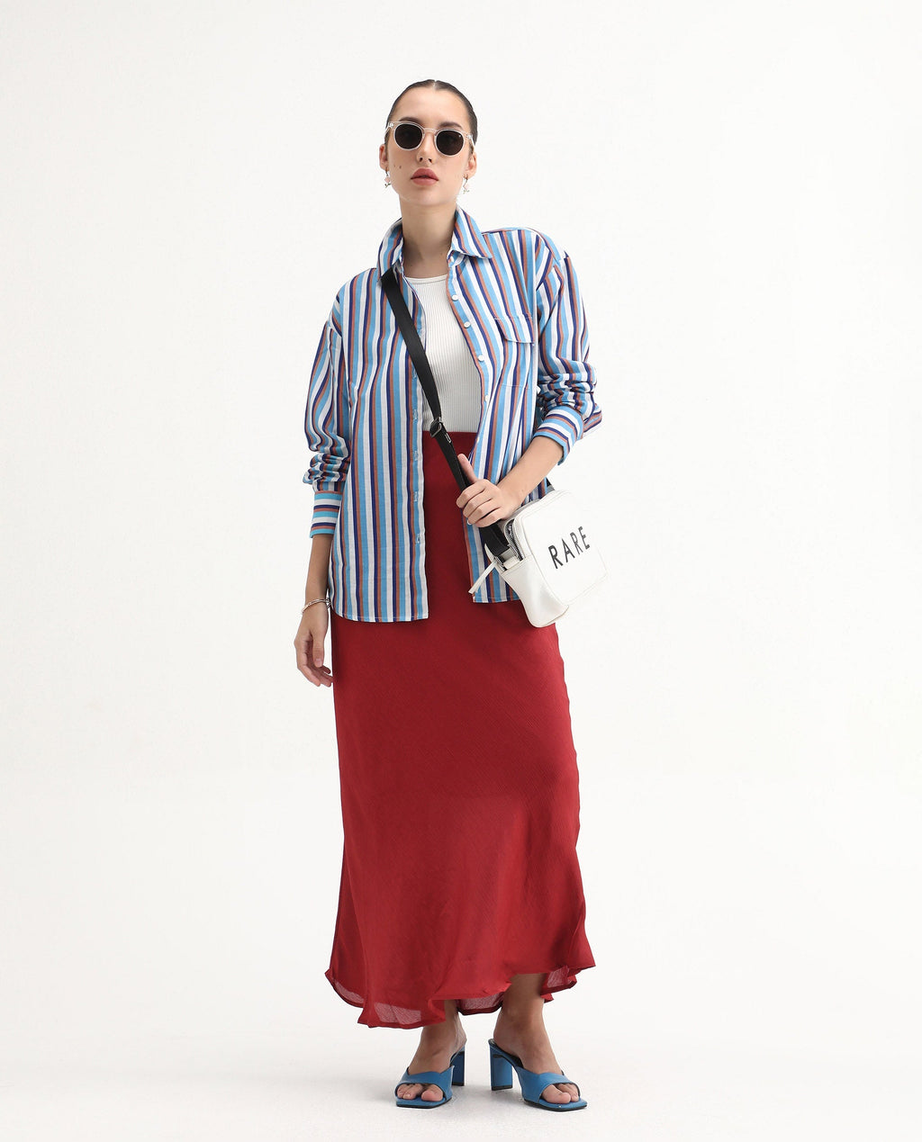 Rareism Women's Oharau Blue Polyester Drop Collar Striped Cuffed Sleeve Regular Fit Top