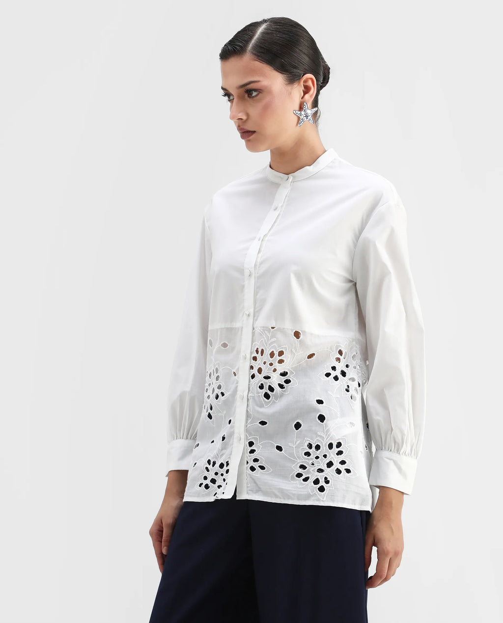 Rareism Women's Oia White Cotton Mandarin Collar Plain Cuffed Sleeve Relaxed Fit Top