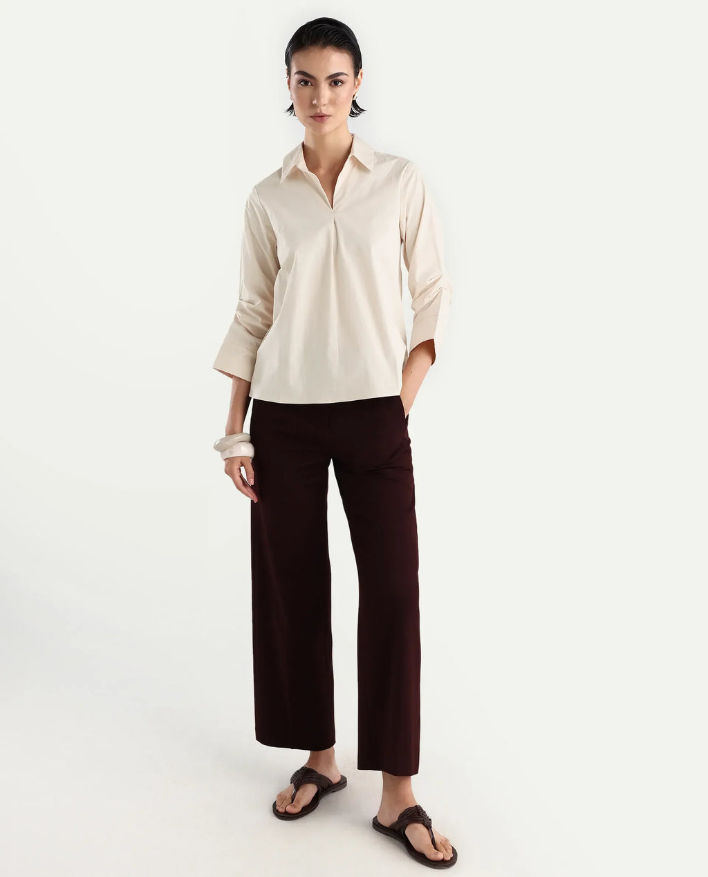 Rareism Women's Oilip Beige Cotton Blend V-Neck Plain Slit Sleeve Regular Fit Top
