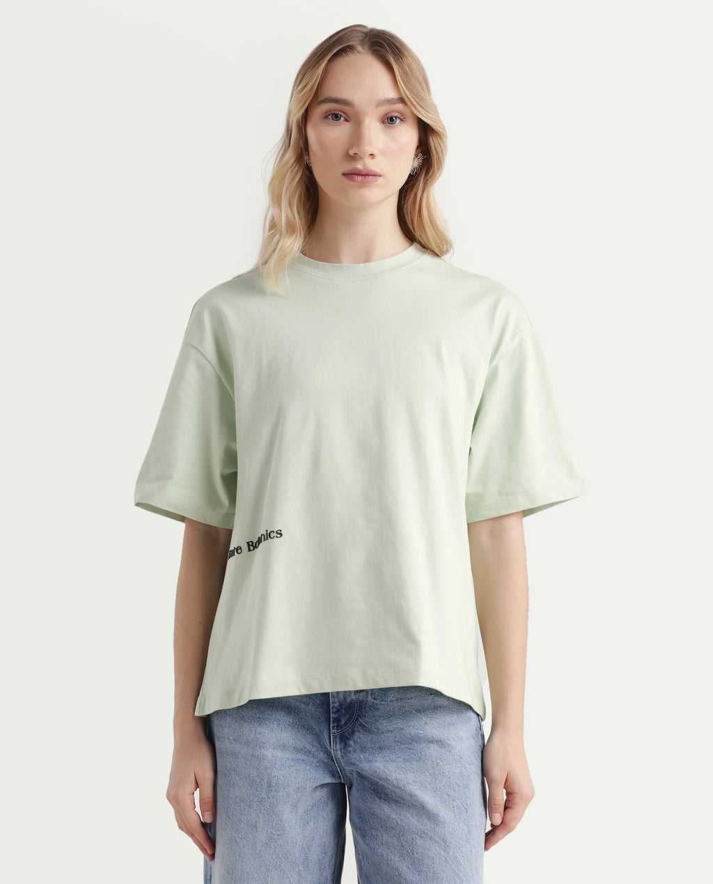 Rareism Women's Olaf Pastel Cotton Crew Neck Graphic Print Relaxed Fit T-Shirt