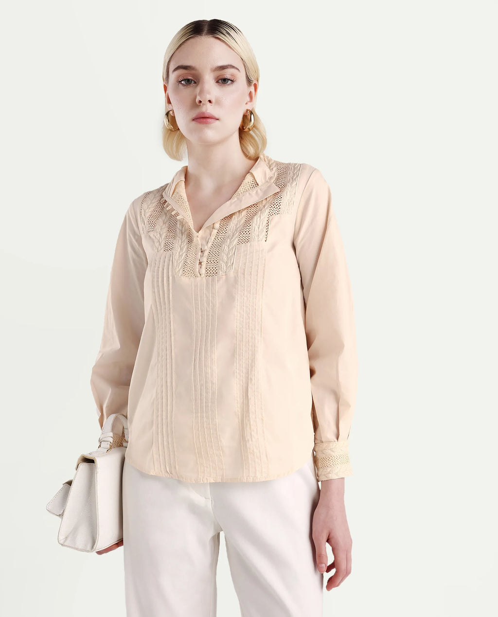 Rareism Women's Olafi Beige Cotton High Neck Plain Bishop Sleeve Regular Fit Top
