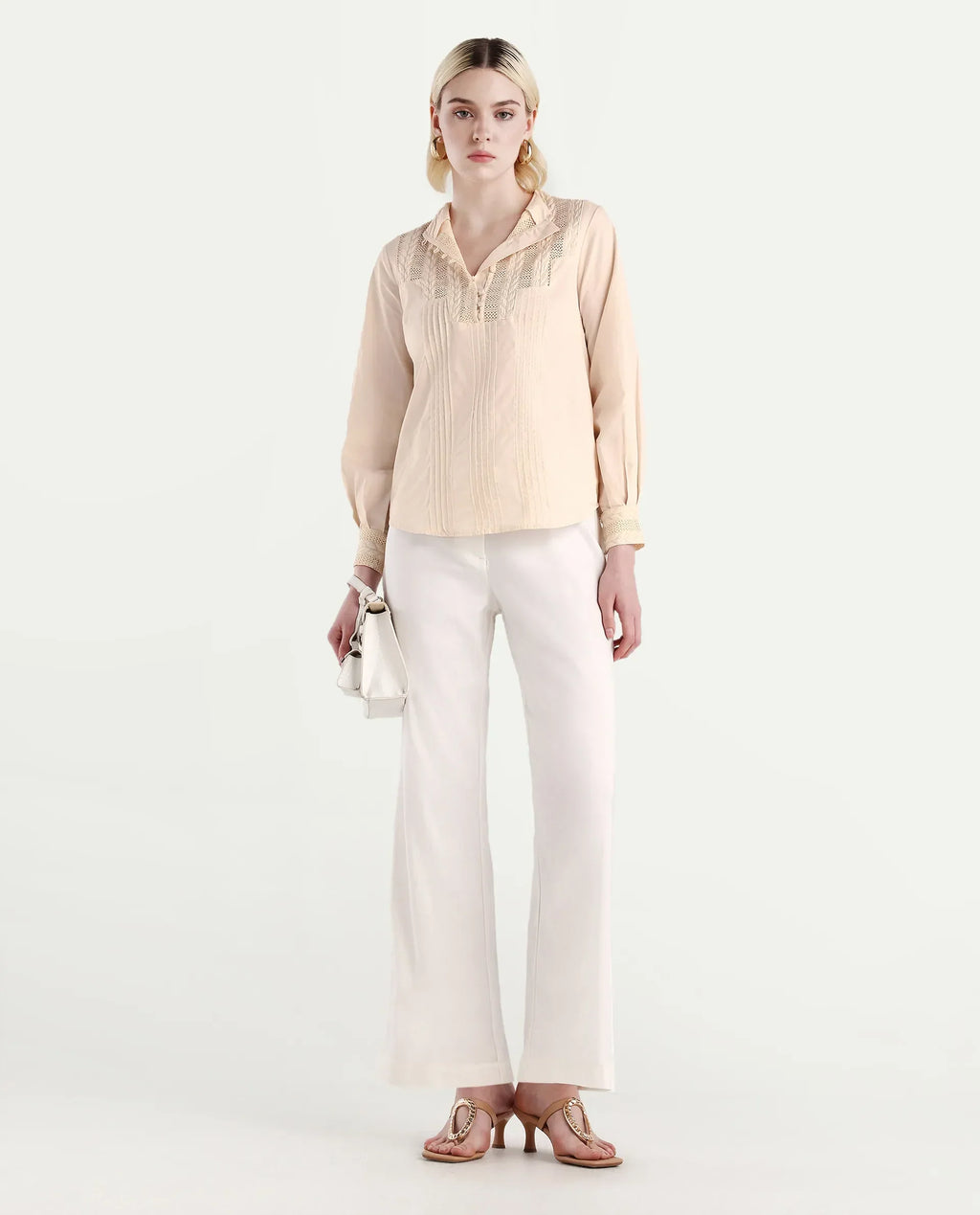 Rareism Women's Olafi Beige Cotton High Neck Plain Bishop Sleeve Regular Fit Top