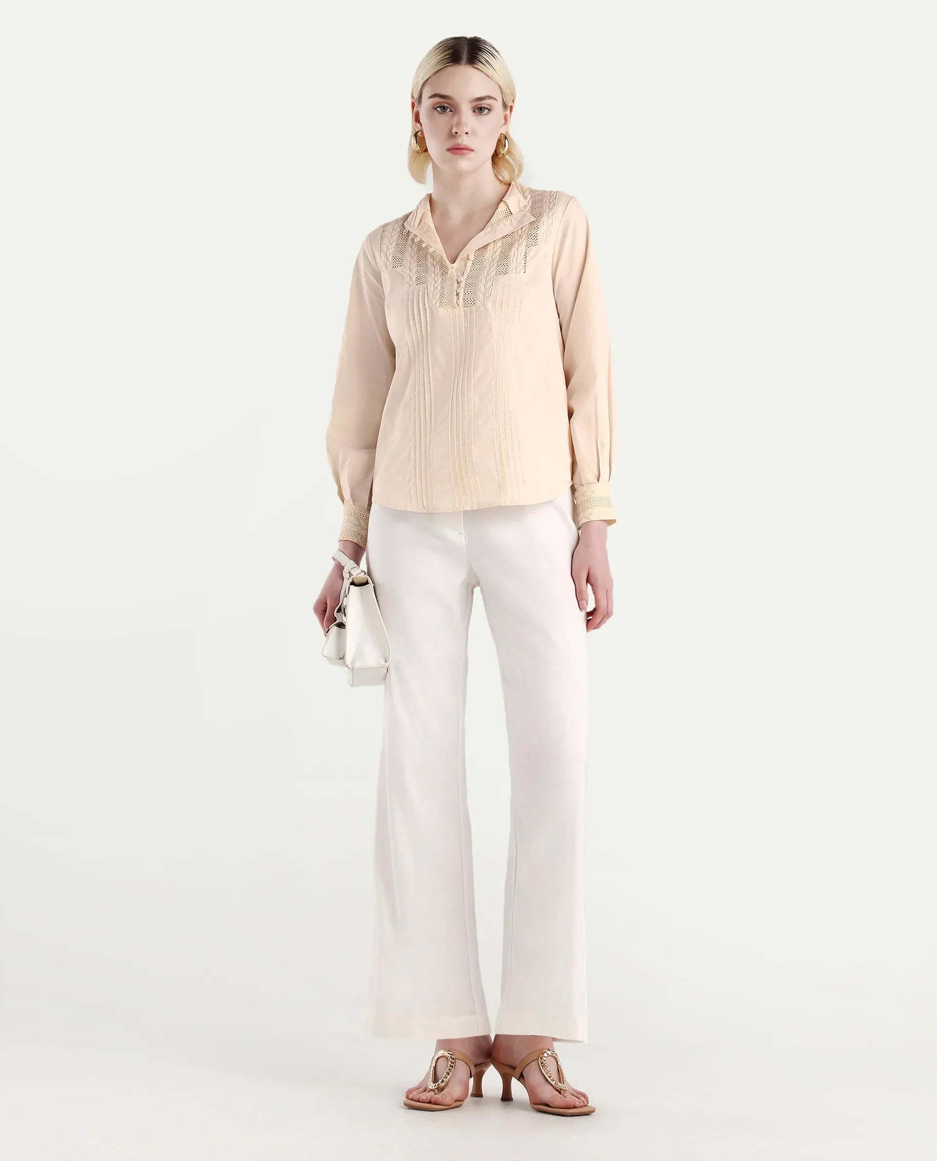 Rareism Women's Olafi Beige Cotton High Neck Plain Bishop Sleeve Regular Fit Top