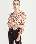 Rareism Women's Olbia Light Multi Polyester V-Neck Geometric Print Gathered Sleeve Regular Fit Top