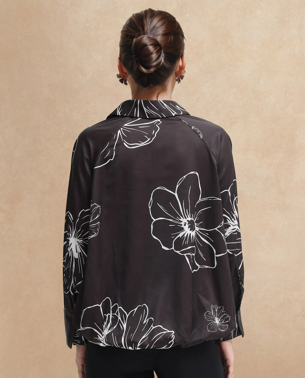 Rareism Women's Olin Sc Dark Brown Satin Drop Collar Floral Print Raglan Sleeve Regular Fit Top