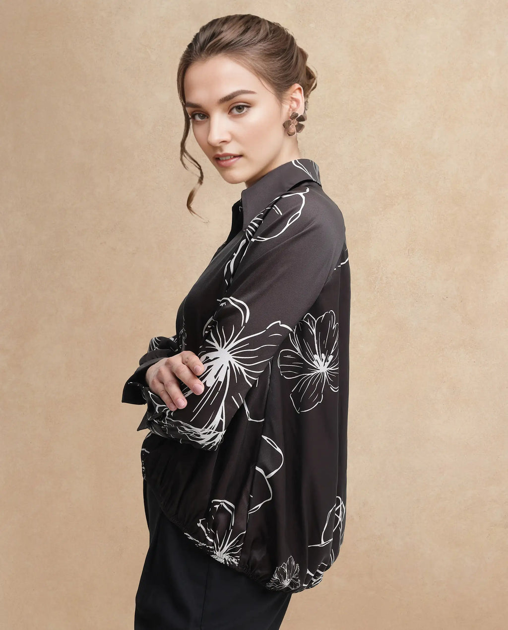 Rareism Women's Olin Sc Dark Brown Satin Drop Collar Floral Print Raglan Sleeve Regular Fit Top