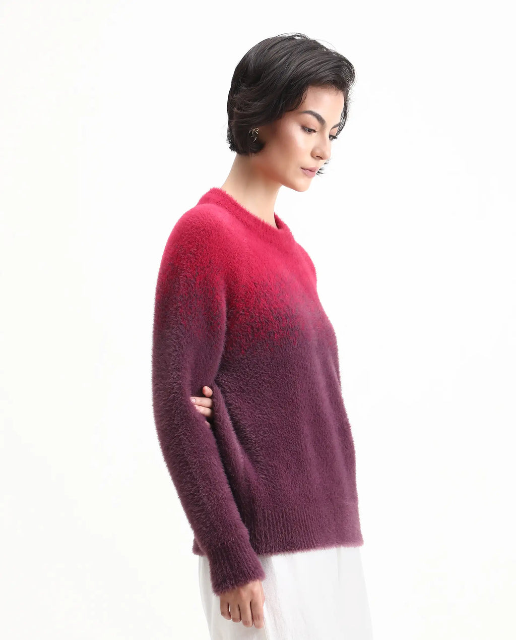 Rareism Women's Omber Dark Red Nylon Crew Neck Ombre Raglan Sleeve Relaxed Fit Sweater