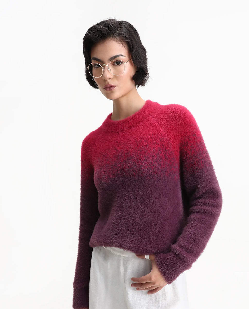 Rareism Women's Omber Dark Red Nylon Crew Neck Ombre Raglan Sleeve Relaxed Fit Sweater