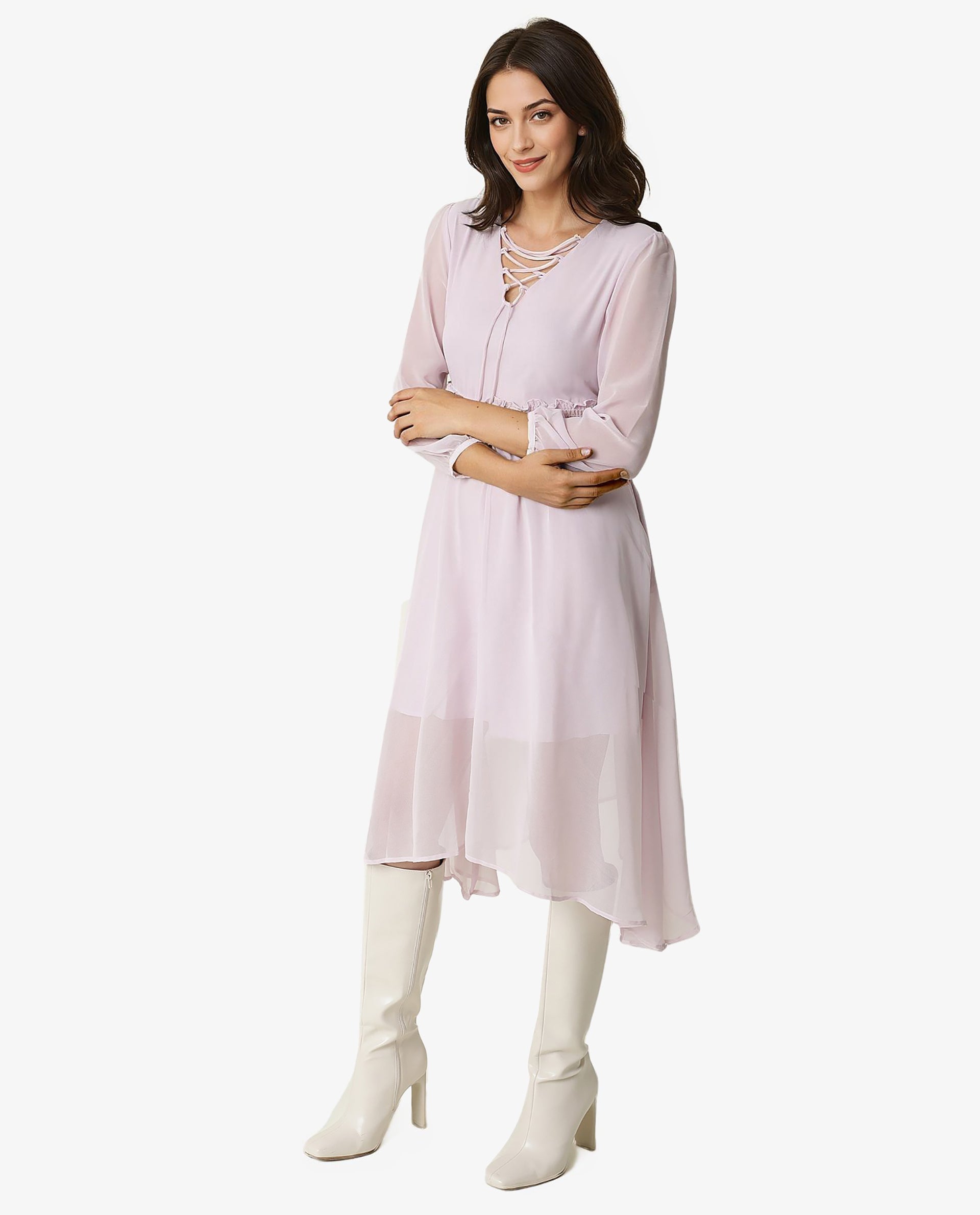 Rareism Women's Ommet Purple Polyester Tie-Up Neck Plain Knee Length Regular Fit Dress