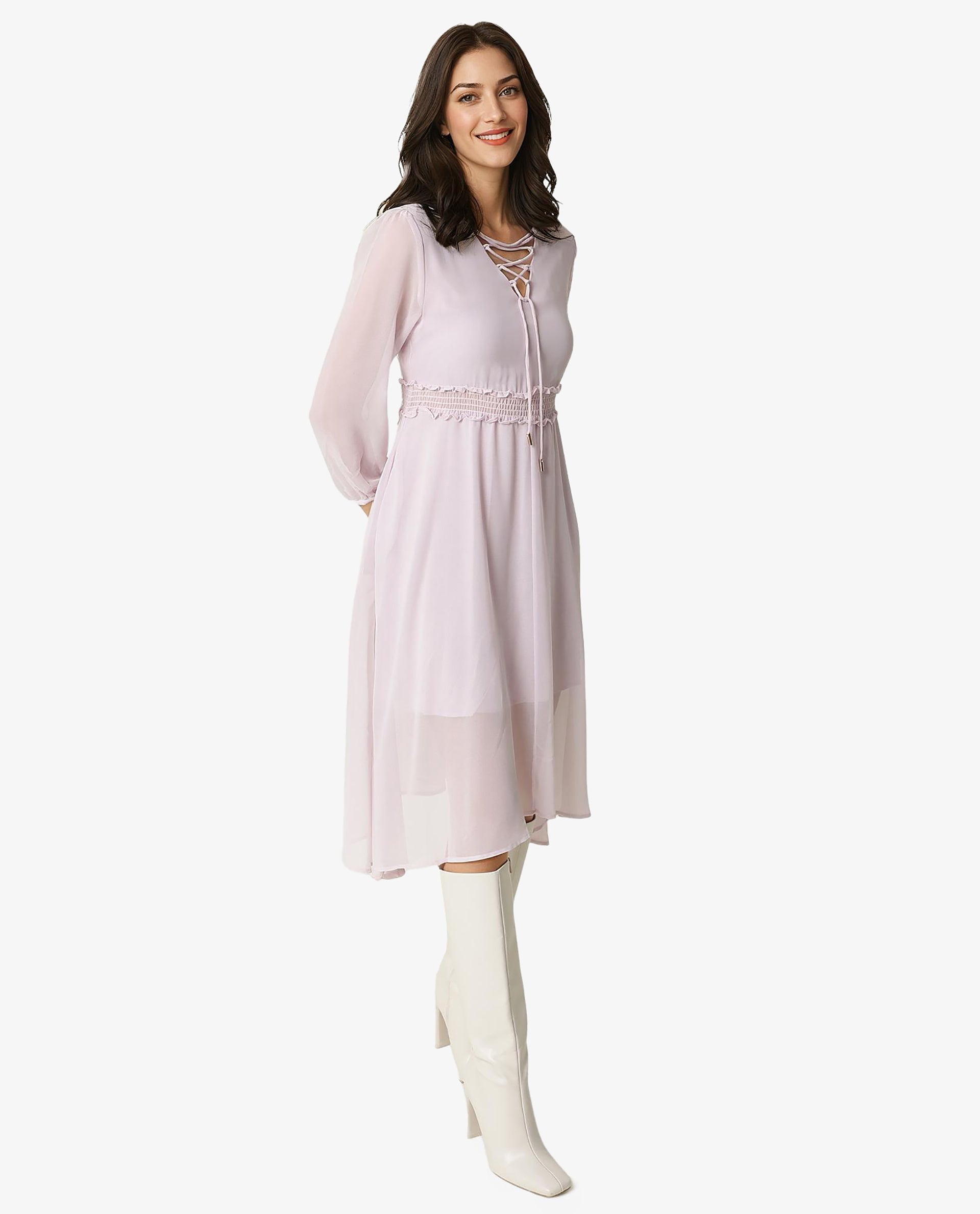 Rareism Women's Ommet Purple Polyester Tie-Up Neck Plain Knee Length Regular Fit Dress
