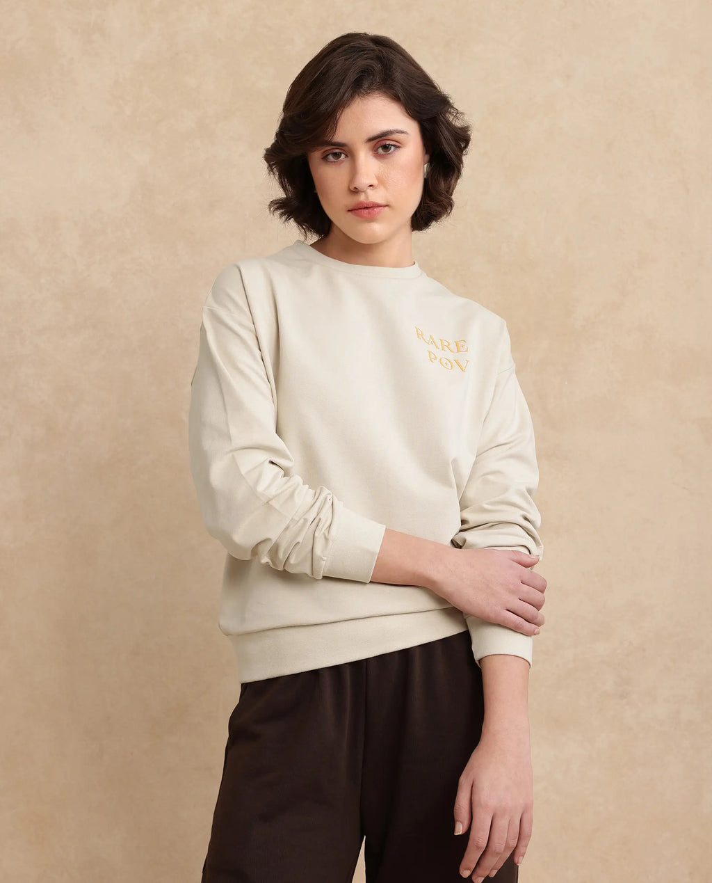 Rareism Women's Onwa Beige Cotton Blend Crew Neck Graphic Print Relaxed Fit Sweatshirt