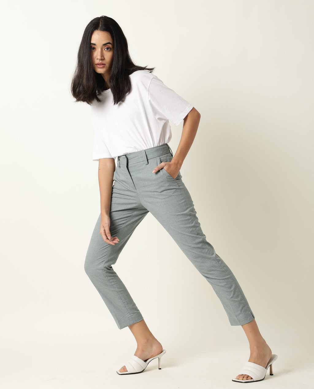 Rareism Women's Ophilia Green Cotton Solid Trouser