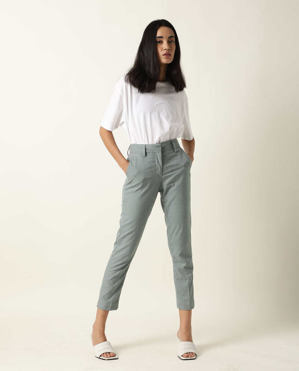 Rareism Women's Ophilia Green Cotton Solid Trouser