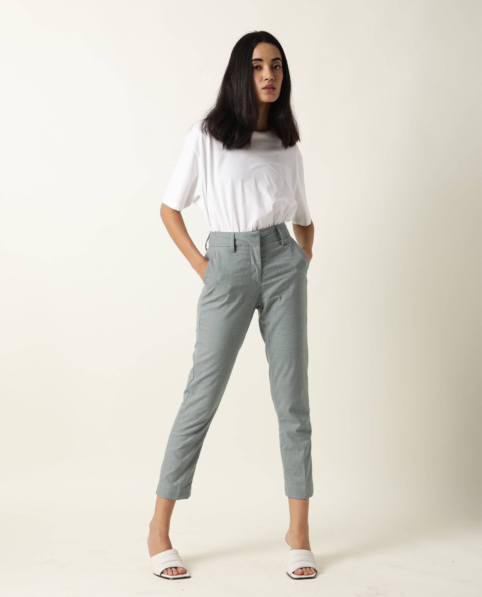 Rareism Women's Ophilia Green Cotton Solid Trouser