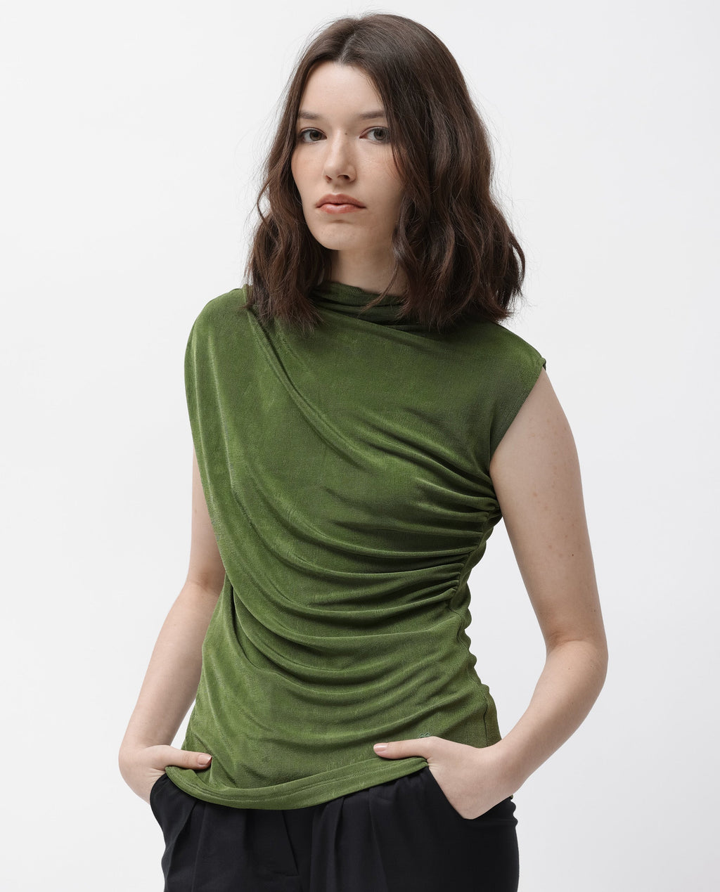 Rareism Women's Optus Green Polyester Blend Cowl Neck Plain Sleeveless Regular Fit Top