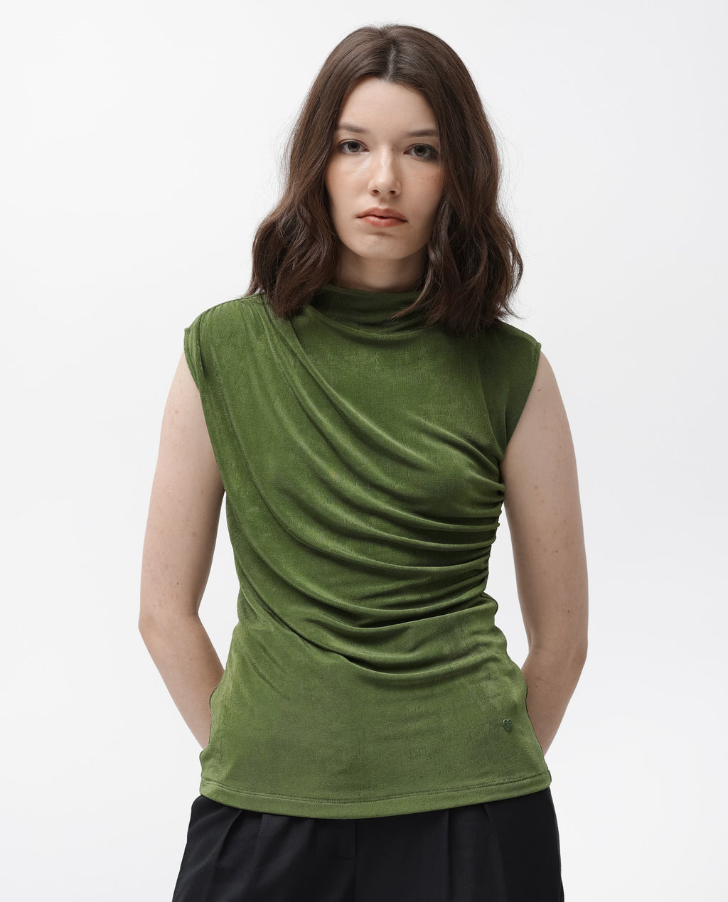 Rareism Women's Optus Green Polyester Blend Cowl Neck Plain Sleeveless Regular Fit Top