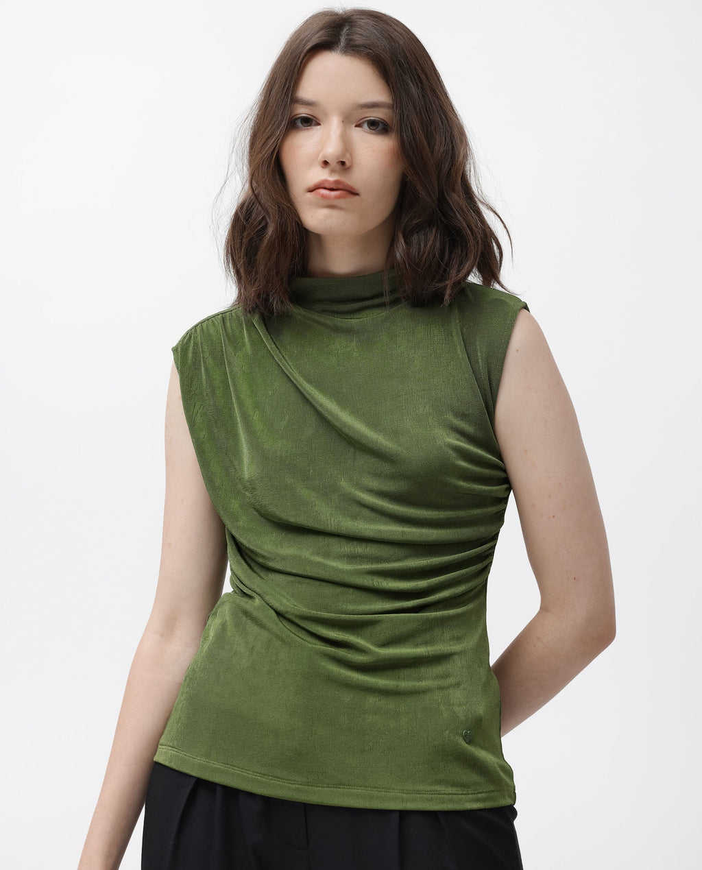 Rareism Women's Optus Green Polyester Blend Cowl Neck Plain Sleeveless Regular Fit Top