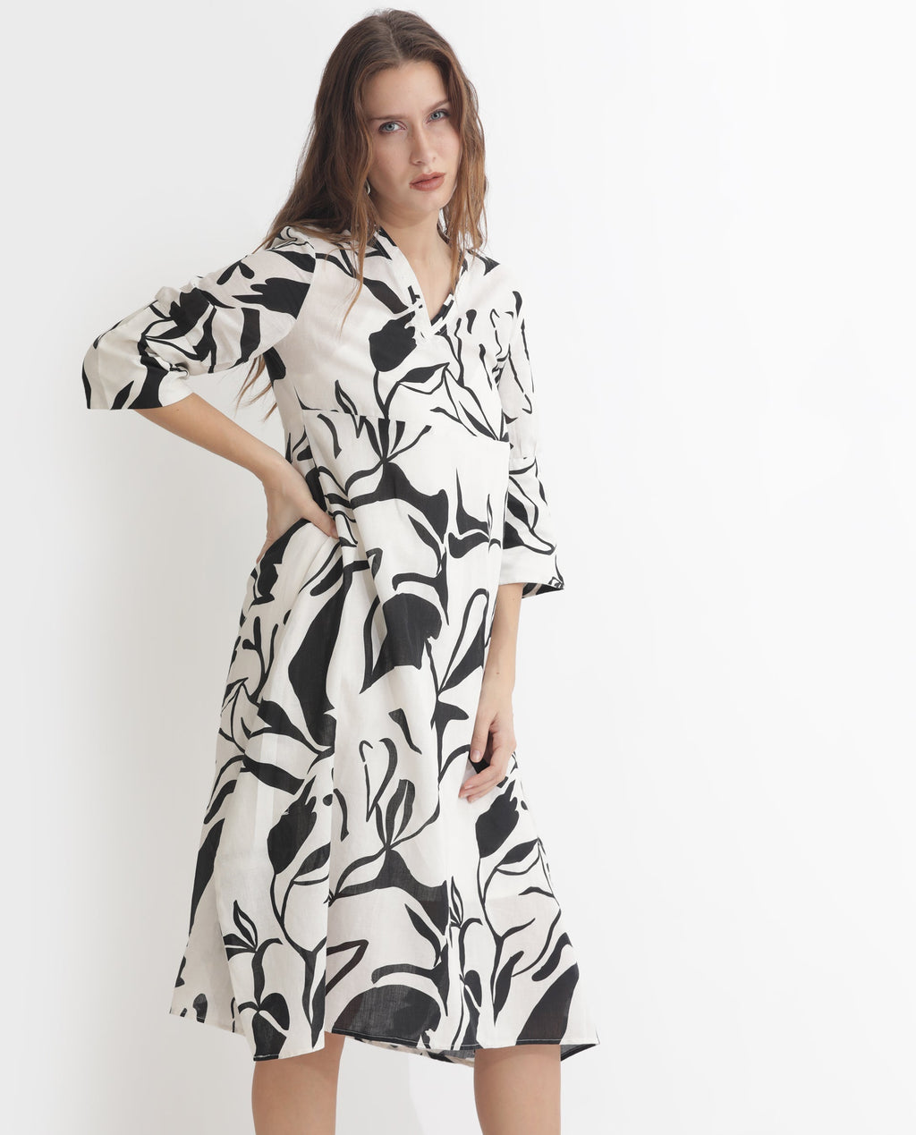 Rareism Women's Oreink Off White Cotton Blend V-Neck Abstract Print Midi Regular Fit Dress