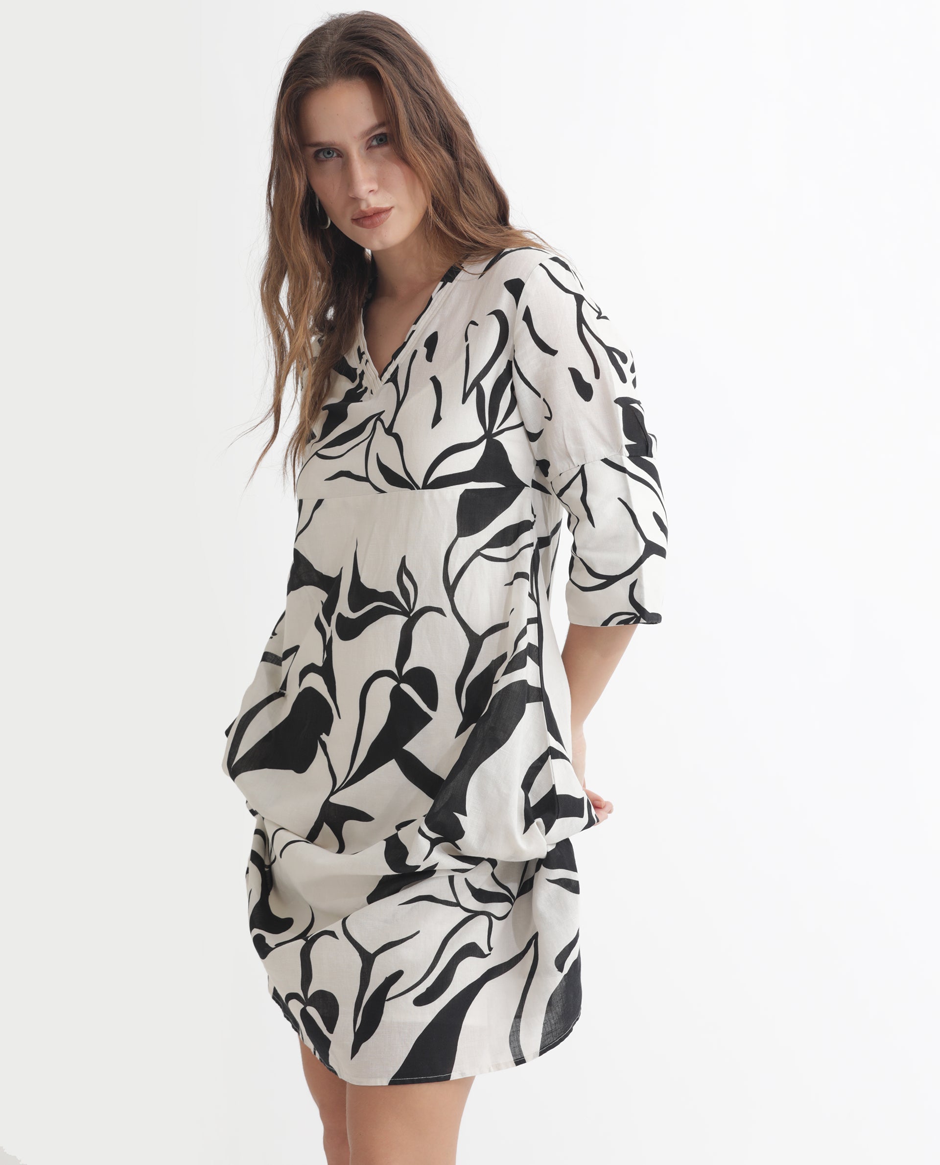 Rareism Women's Oreink Off White Cotton Blend V-Neck Abstract Print Midi Regular Fit Dress