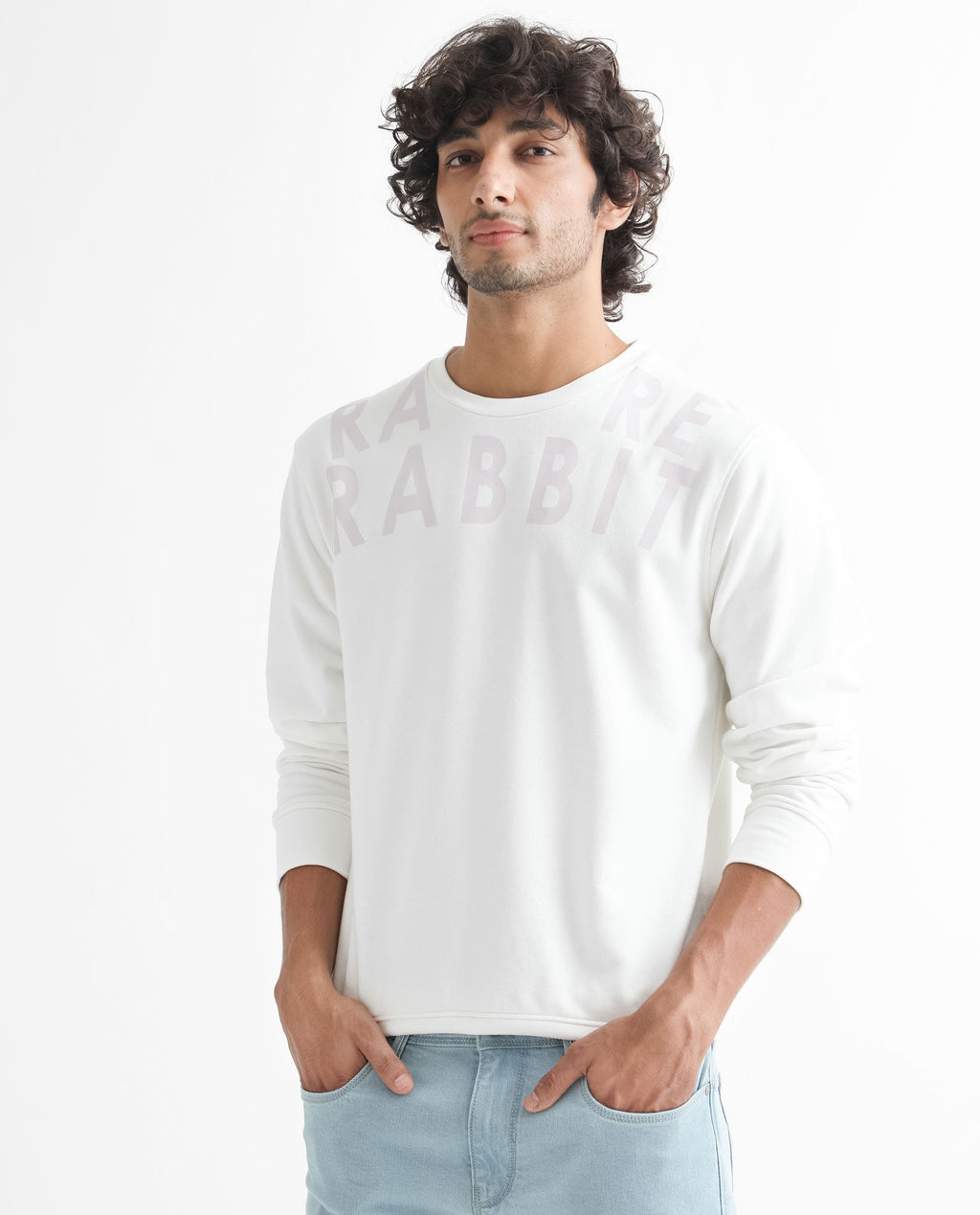 Rare Rabbit Men's Oren Off White Cotton Graphic Print Relaxed Fit Full Sleeve Crew Neck Sweatshirt