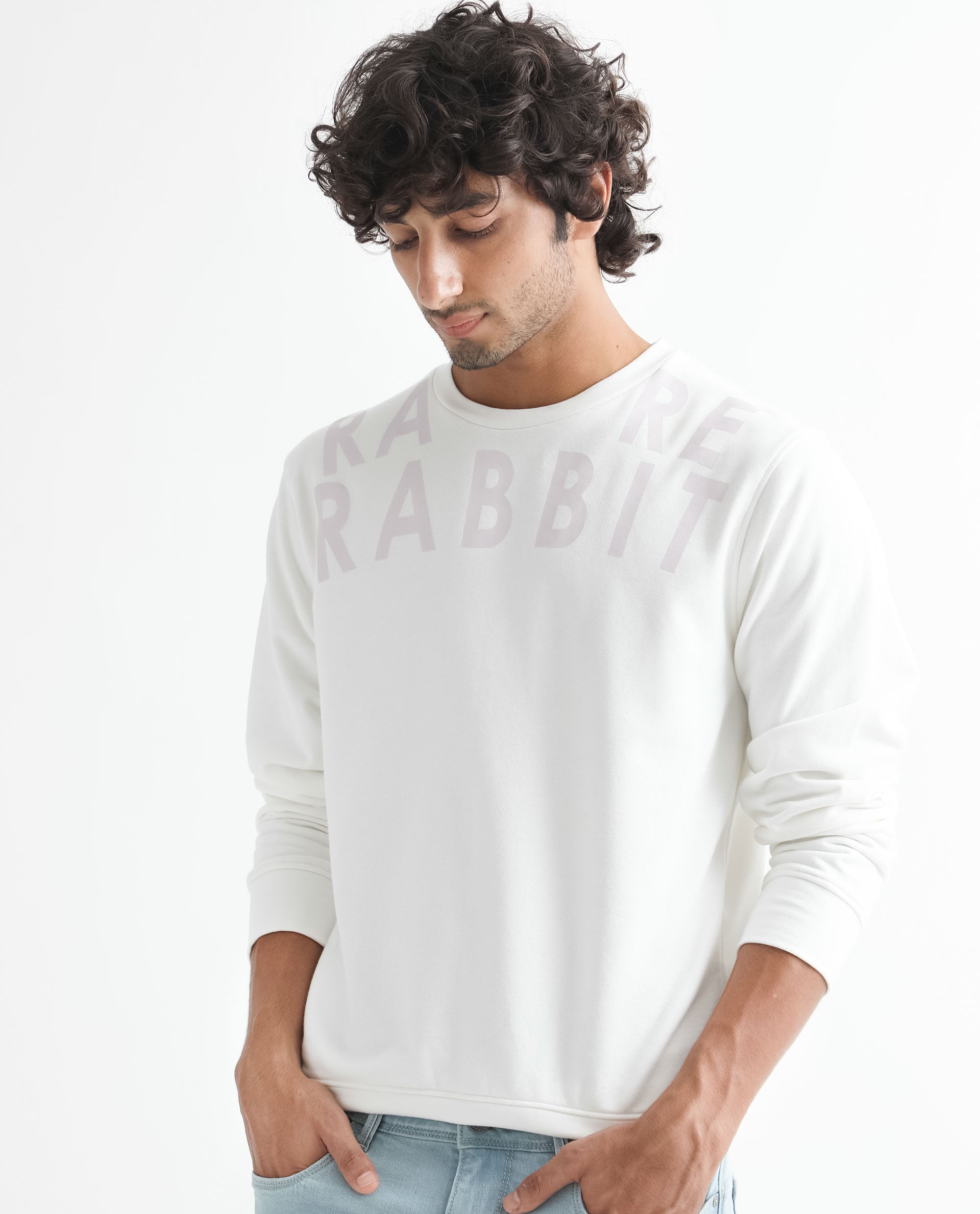 Rare Rabbit Men's Oren Off White Cotton Graphic Print Relaxed Fit Full Sleeve Crew Neck Sweatshirt