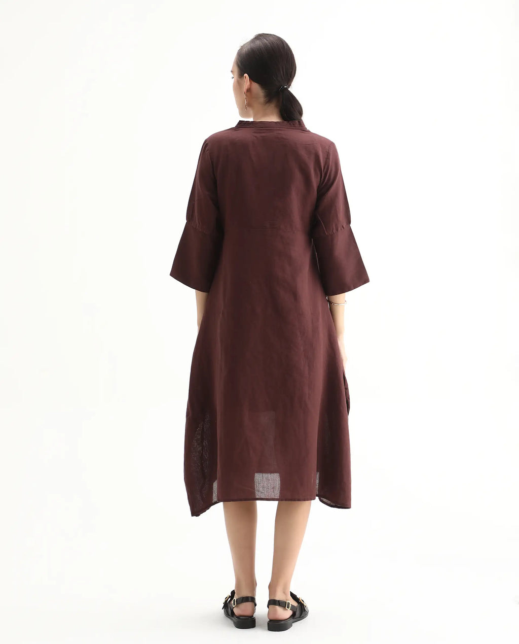 Rareism Women's Orie Brown Linen V-Neck Plain Midi Relaxed Fit Dress